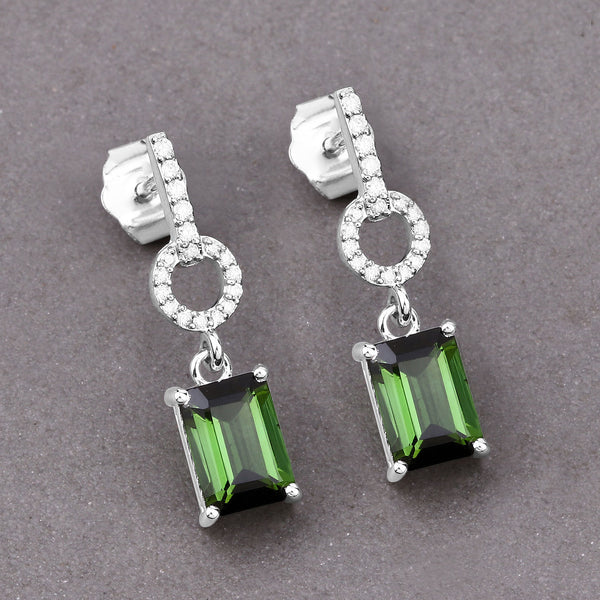 2.28 Carat Genuine Green Tourmaline and White Diamond 14K White Gold Earrings