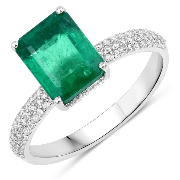 IGI Certified 2.74 Carat Genuine Zambian Emerald and White Diamond 14K White Gold Ring