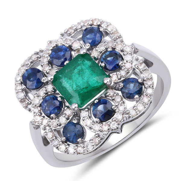 2.60 Carat Genuine Blue Sapphire, Emerald and White Diamond .925 Sterling Silver Ring