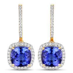 6.03 Carat Genuine Tanzanite and White Diamond 14K Yellow Gold Earrings