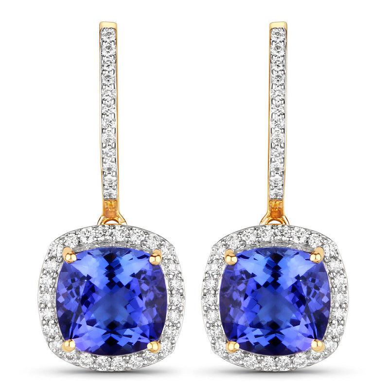 6.03 Carat Genuine Tanzanite and White Diamond 14K Yellow Gold Earrings