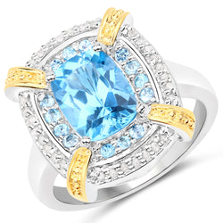 2.61 Carat Genuine Swiss Blue Topaz and White Diamond .925 Sterling Silver with 14K Yellow Gold Ring