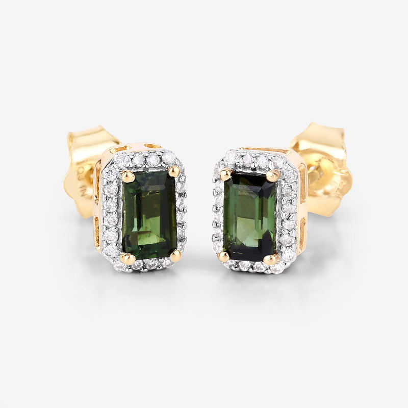 0.76 Carat Genuine Green Tourmaline and White Diamond 14K Yellow Gold Earrings