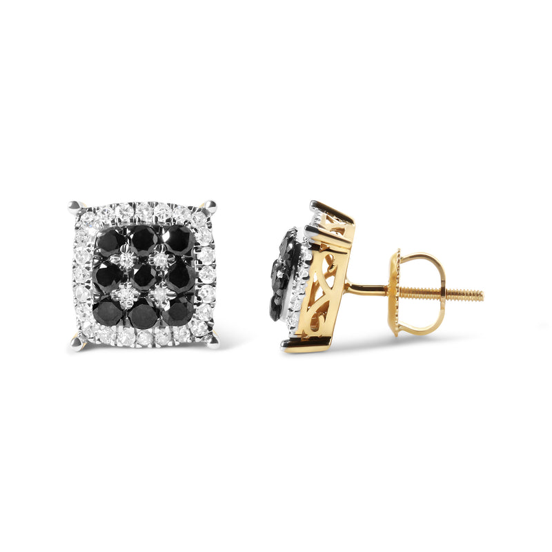 Men's 10K Yellow Gold 7/8 Cttw White and Black Diamond Composite Halo Stud Earring (I-J Color, I2-I3 Clarity)