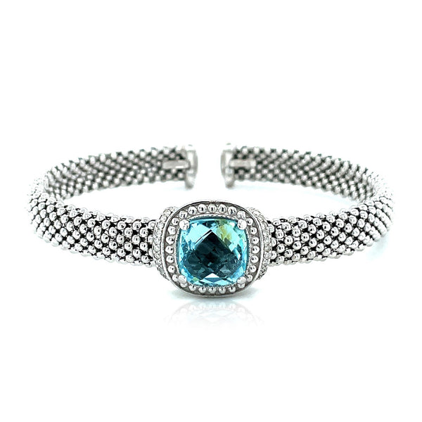 Popcorn Texture Cuff Bangle with Blue Topaz and Diamonds in Sterling Silver