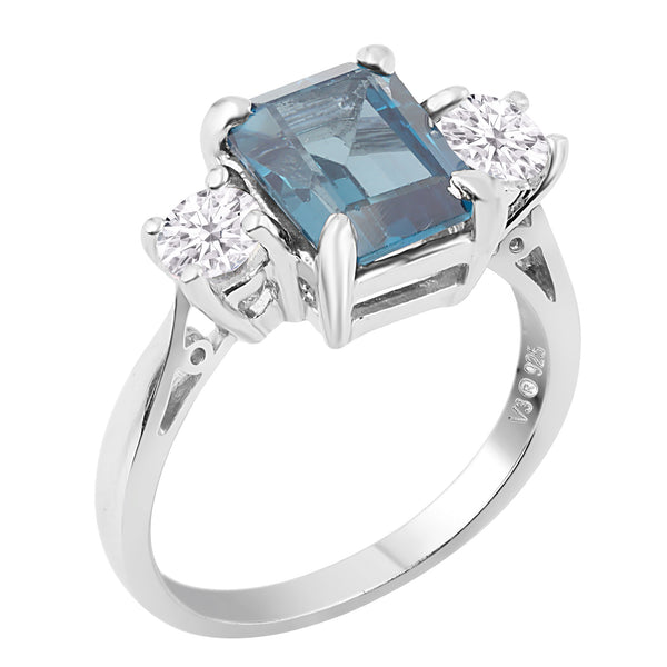 V3 Jewelry London Blue Topaz & Moissanite Sterling Silver Three-Stone Ring