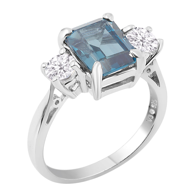 V3 Jewelry London Blue Topaz & Moissanite Sterling Silver Three-Stone Ring