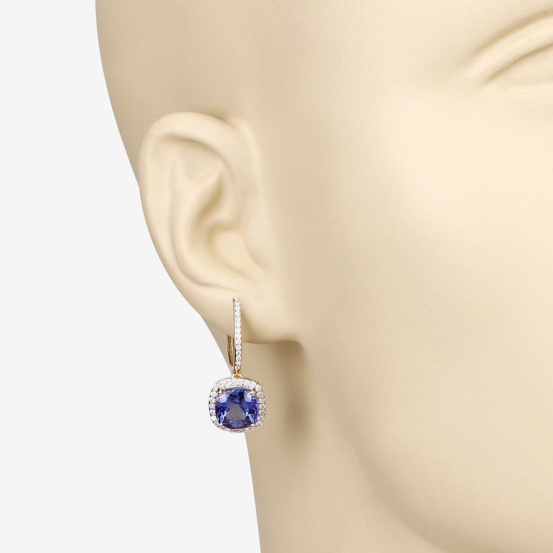 6.03 Carat Genuine Tanzanite and White Diamond 14K Yellow Gold Earrings