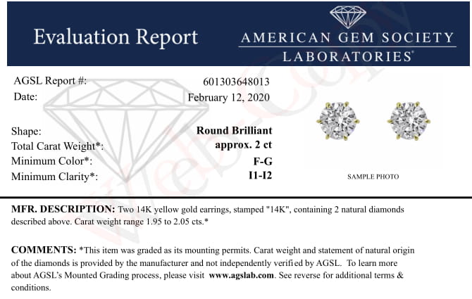 AGS Certified 2.00 Cttw Round Brilliant-Cut Near Colorless Diamond 14K Yellow Gold 6-Prong-Set Solitaire Stud Earrings with Screw Backs (F-G Color, I1-I2 Clarity)