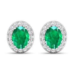 2.45 Carat Genuine Zambian Emerald and White Diamond 14K White Gold Earrings