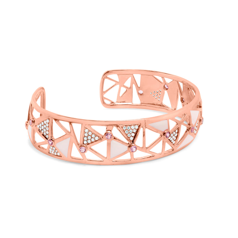 14K Rose Gold 5/8 Cttw Diamond with Pink Tourmaline Open Cuff Bangle with White Enamel (G-H Color, SI1-SI2 Clarity) - 7"