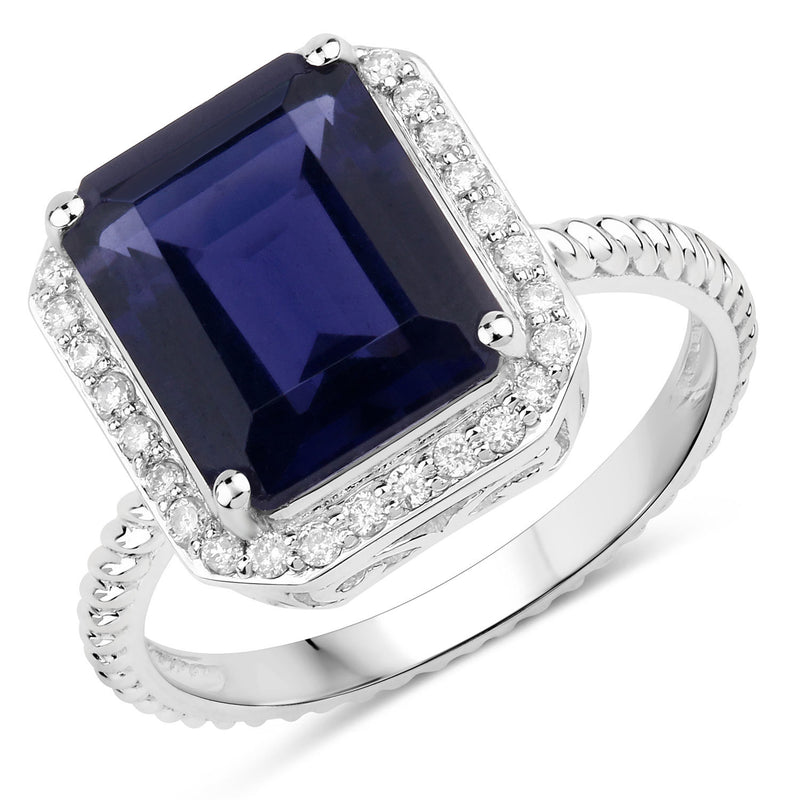 3.65 Carat Genuine Iolite and White Diamond 14K White Gold Ring