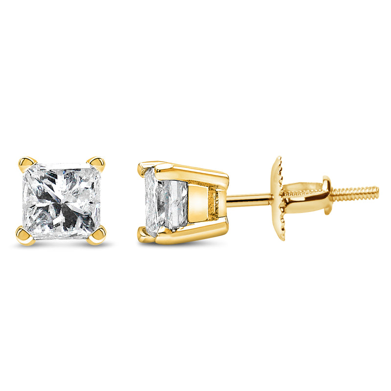 IGI Certified 14K Yellow Gold 1.00 Cttw Princess-Cut Square Diamond 4-Prong Solitaire Stud Earrings (I-J Color, VS1-VS2 Clarity)