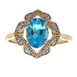 Natural 1.43ct Blue Topaz Diamond Ring 14KT Yellow Gold