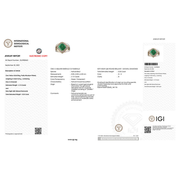 IGI Certified 3.48 Carat Genuine Zambian Emerald and White Diamond 14K Yellow Gold Ring