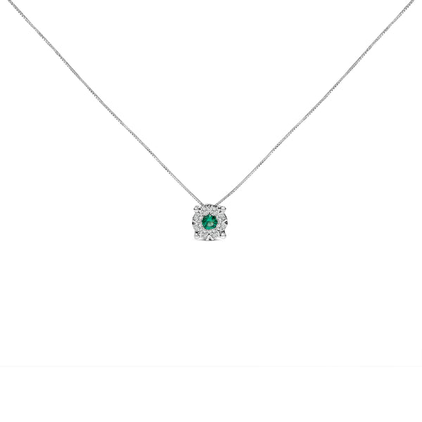 14K White Gold 3.8 MM Green Emerald and 1/3 Cttw Diamond Composite Halo 18" Pendant Necklace (F-G Color, VS2-SI1 Clarity)