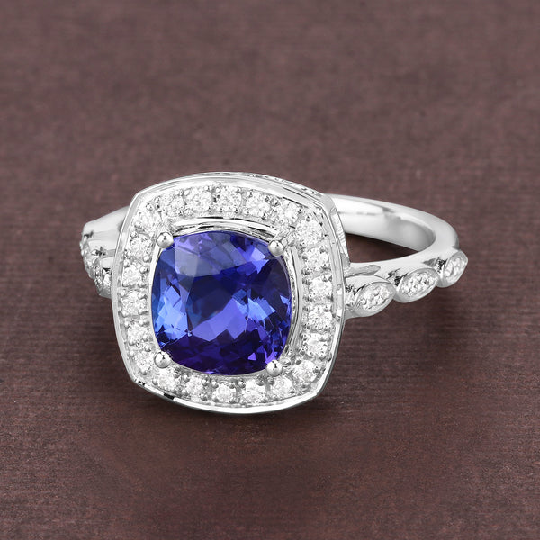 2.54 Carat Genuine Tanzanite and White Diamond 14K White Gold Ring