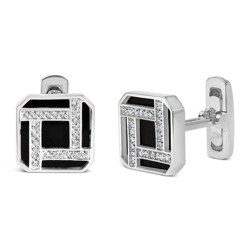 18K White Gold 1/2 Cttw Diamond and Black Enamel Cufflinks for Men (F-G Color, VS1-VS2 Clarity)