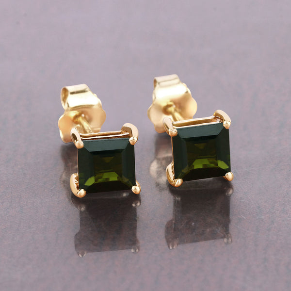 1.48 Carat Genuine Green Tourmaline 14K Yellow Gold Earrings