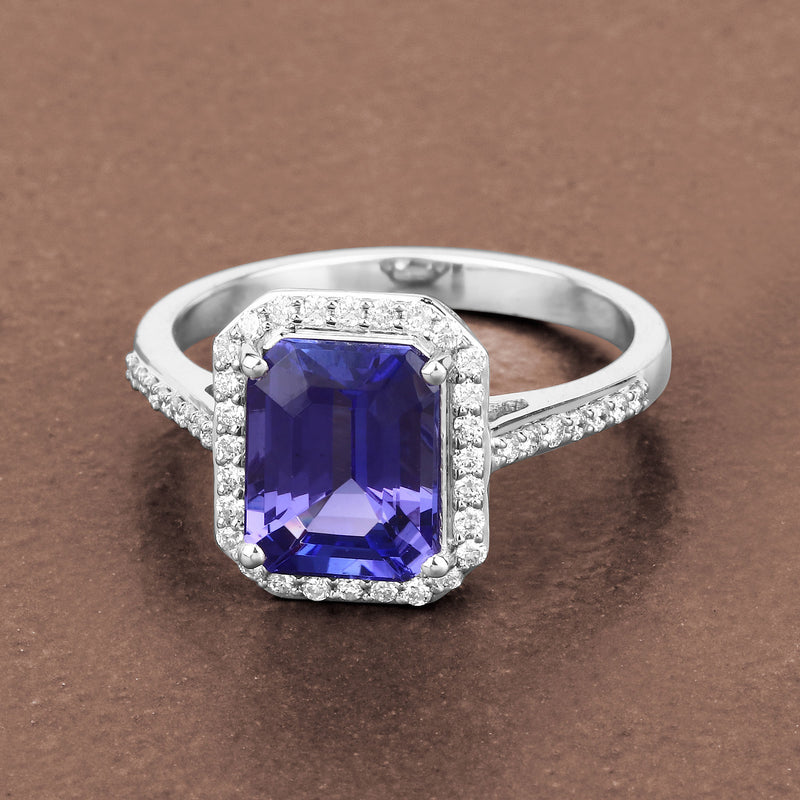 2.91 Carat Genuine Tanzanite and White Diamond 14K White Gold Ring