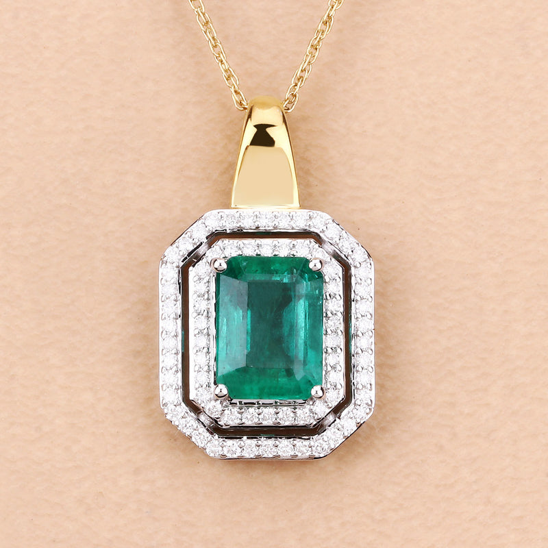 IGI Certified 2.37 Carat Genuine Zambian Emerald and White Diamond 14K Yellow & White Gold Pendant