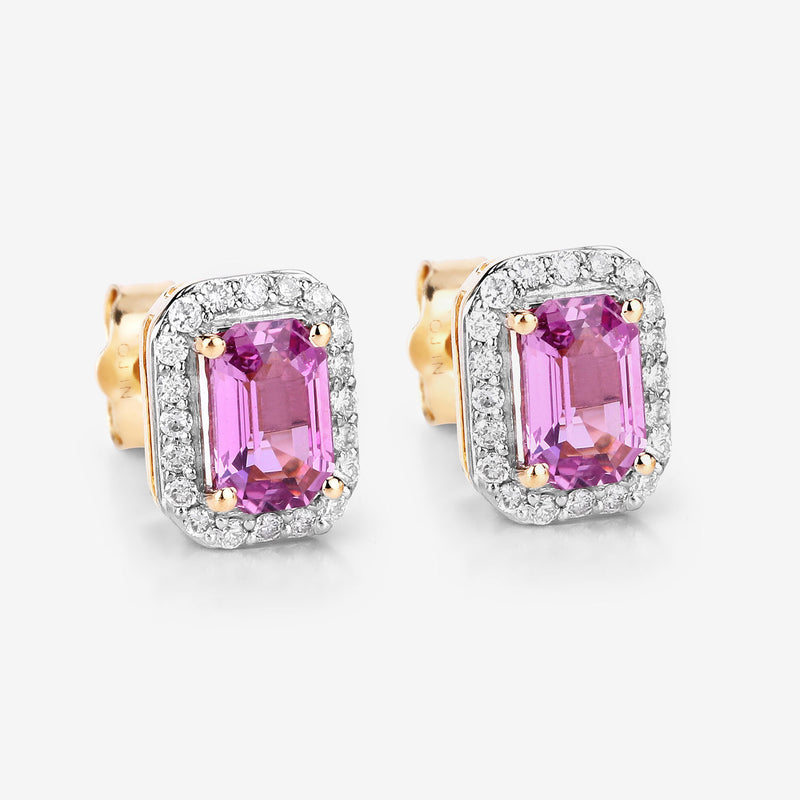 1.46 Carat Genuine Pink Sapphire and White Diamond 14K Yellow Gold Earrings