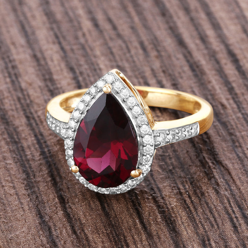 3.26 Carat Genuine Rhodolite and White Diamond 14K Yellow Gold Ring