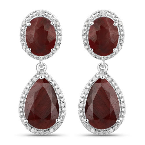 12.55 Carat Dyed Ruby and White Diamond .925 Sterling Silver Earrings