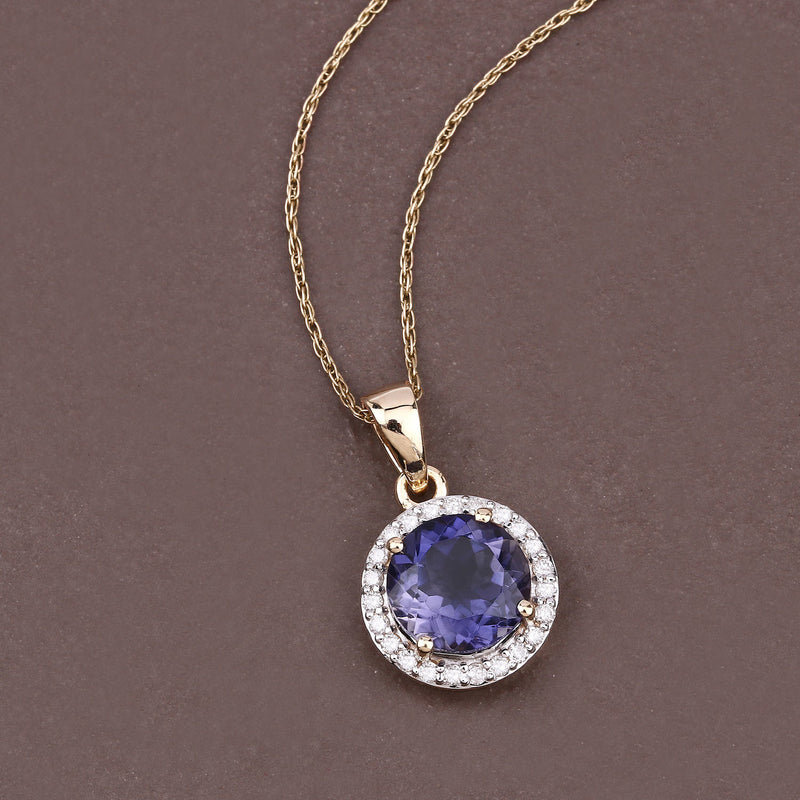 1.71 Carat Genuine Iolite and White Diamond 14K Yellow Gold Pendant