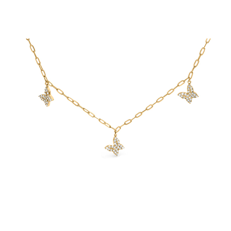 14KT Yellow Gold 1/2 Cttw Diamond Butterfly Station Paperclip Station Necklace (I-J Color, I1-I2 Clarity) - Adjustable 15"-17" Inches