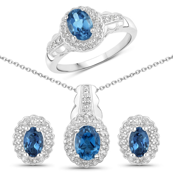 2.96 Carat Genuine London Blue Topaz and White Topaz .925 Sterling Silver Jewelry Set (Ring, Earrings, and Pendant w/ Chain)