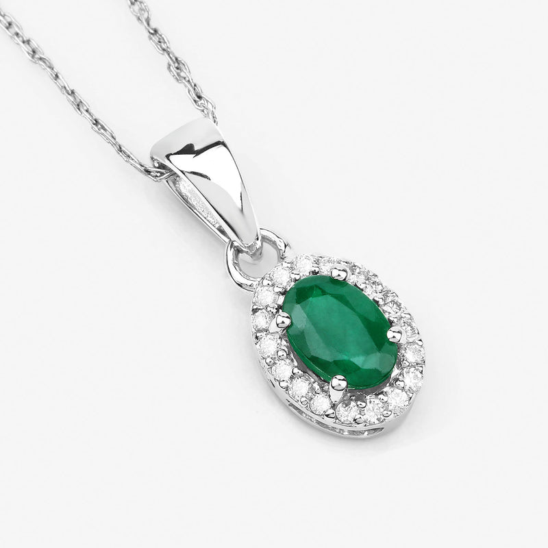 0.81 Carat Genuine Zambian Emerald and White Diamond 14K White Gold Pendant