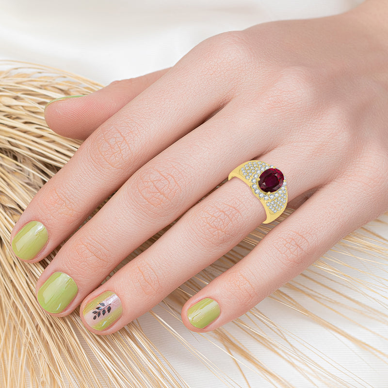 V3 Jewelry 18K Gold Plated Ruby & White Topaz Halo Oval Ring