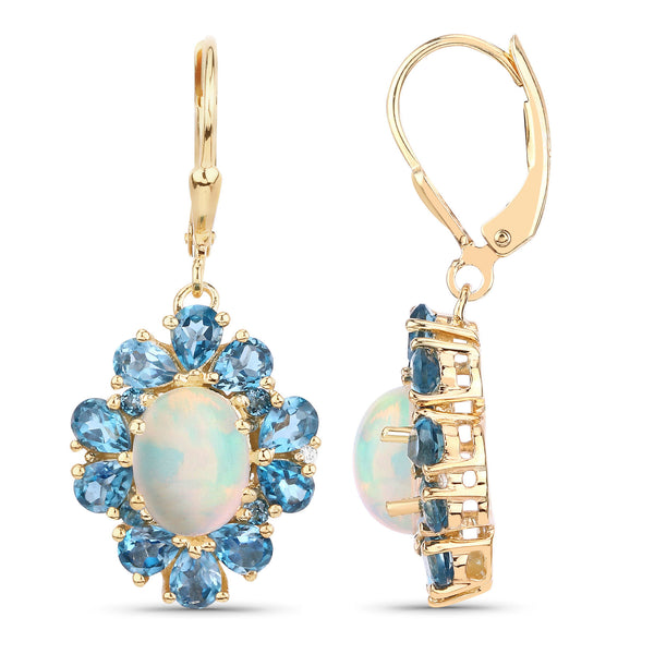 5.76 Carat Genuine Ethiopian Opal, London Blue Topaz and White Topaz .925 Sterling Silver Earrings