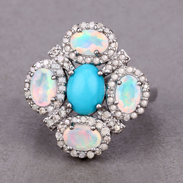 2.90 Carat Genuine Opal, Turquoise and White Diamond .925 Sterling Silver Ring