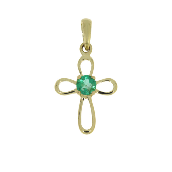 .04ct Emerald Cross Religious Pendant 10KT Yellow Gold