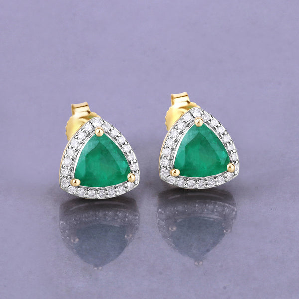 1.27 Carat Genuine Zambian Emerald and White Diamond 14K Yellow Gold Earrings