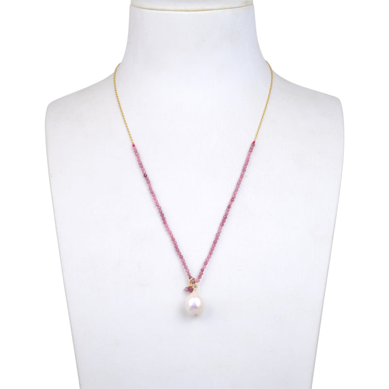 V3 Jewelry Tourmaline and Freshwater Pearl 18k Gold-Plated Beaded Adjustable Necklace