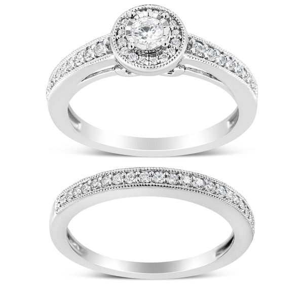 .925 Sterling Silver 1/2 Ctw Diamond Halo and Milgrain Engagement Ring Bridal Set (I-J Color, I3 Clarity) - Ring Size 7