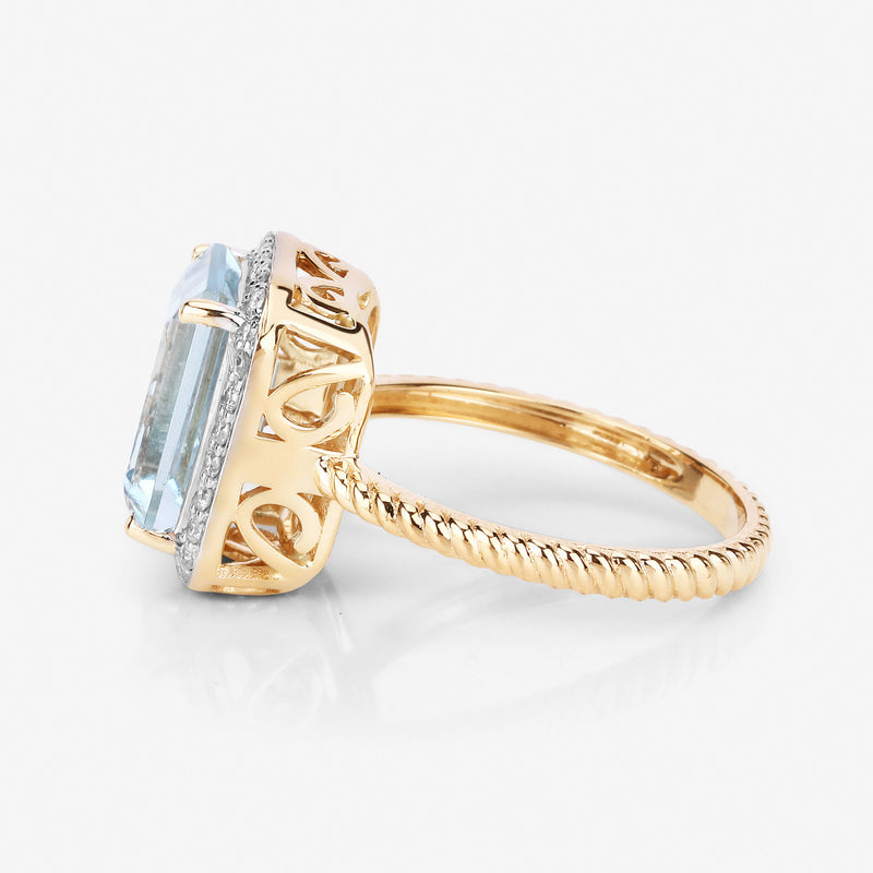 4.13 Carat Genuine Aquamarine and White Diamond 14K Yellow Gold Ring