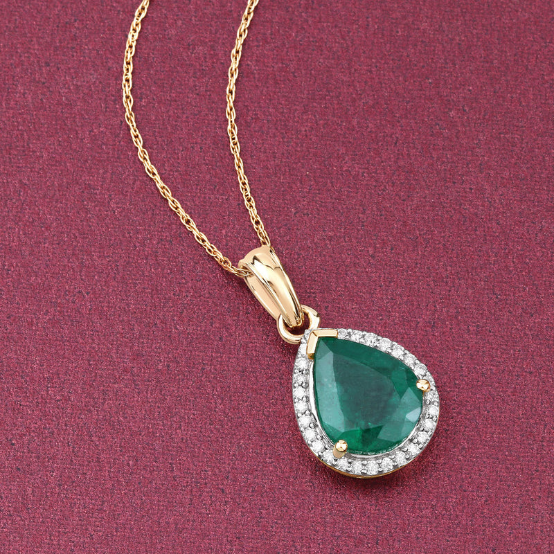 2.85 Carat Genuine Zambian Emerald and White Diamond 14K Yellow Gold Pendant