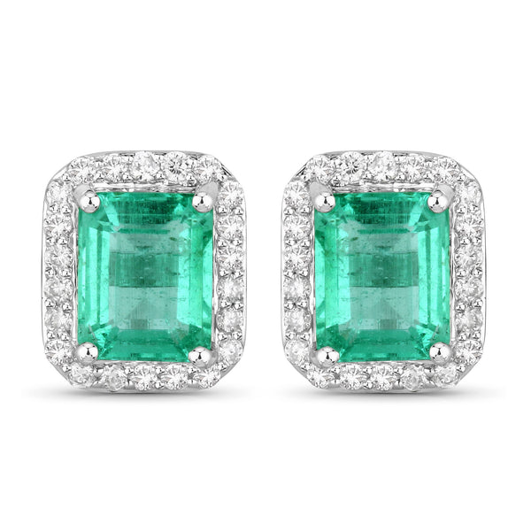 2.09 Carat Genuine Emerald and White Diamond 14K White Gold Earrings