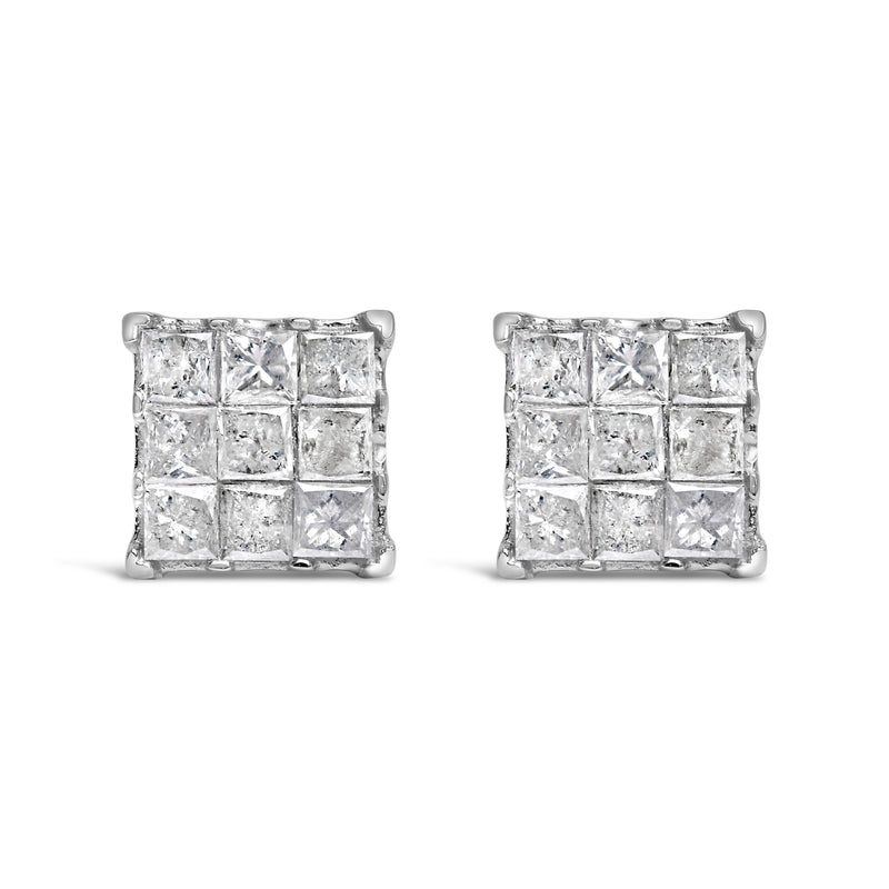 10K White Gold 1/2 Cttw Invisible Princess-cut Diamond 9 Stone Composite Stud Earrings (I-J Color, I3 Clarity)