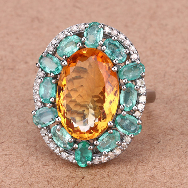 10.95 Carat Genuine Emerald, Citrine and White Diamond .925 Sterling Silver Ring