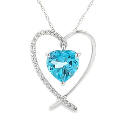 Blue Topaz Diamond Heart Love Pendant 14KT White Gold