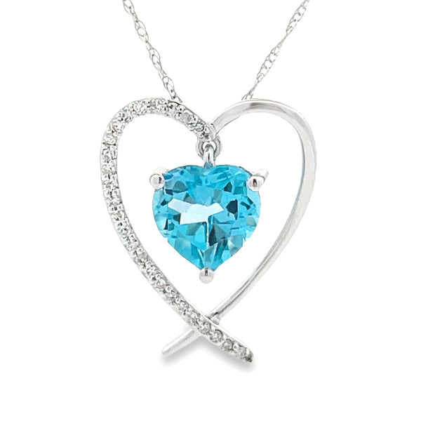 Blue Topaz Diamond Heart Love Pendant 14KT White Gold