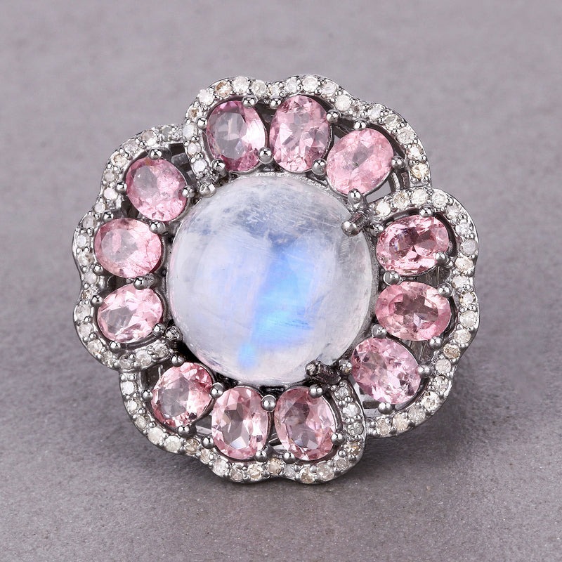 14.94 Carat Genuine Pink Tourmaline, Rainbow and White Diamond .925 Sterling Silver Ring