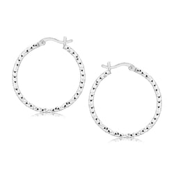 Sterling Silver Faceted Motif Hoop Earrings with Rhodium Plating