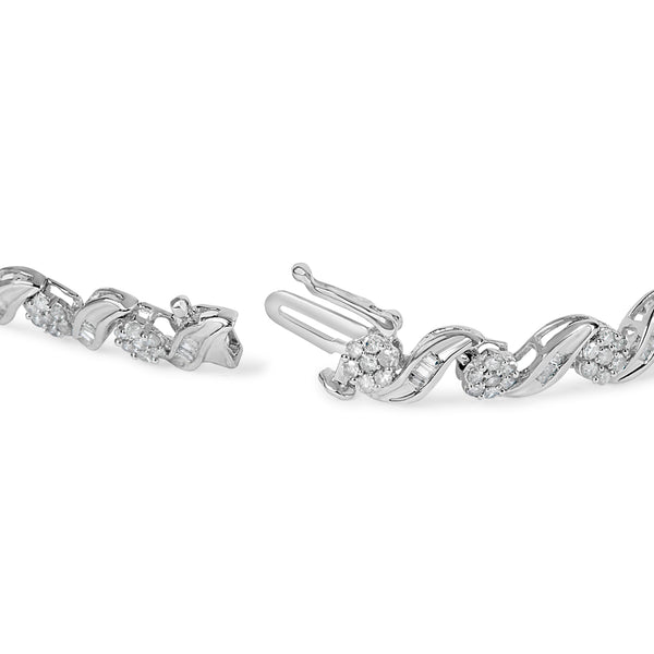 10K White Gold 2.00 Cttw Round-Cut and Baguette-Cut Diamond Floral Design Swirl Link 7" Bracelet (I-J Color, I1-I2 Clarity)