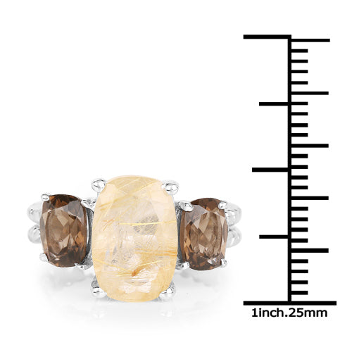 5.75 Carat Genuine Golden Rutile & Smoky Quartz .925 Sterling Silver Ring